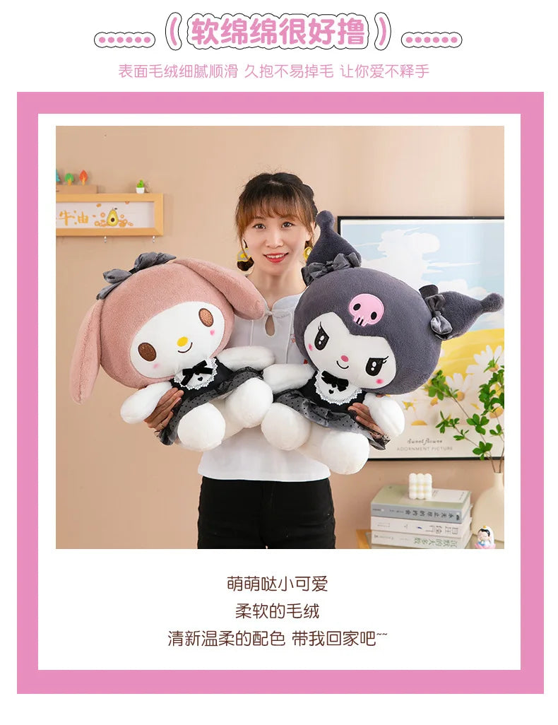 Kawaii Kuromi My Melody Plush Toy with Black Bow Skirt Cute Hello Kitty Stuffed Doll for Kids Birthday Xmas Gift Large Size Toy