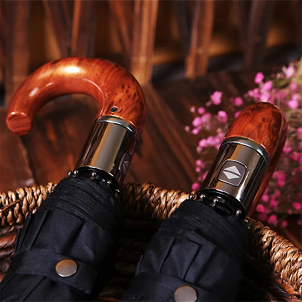 Windproof British Style Umbrella Automatic Rain Wood Handle