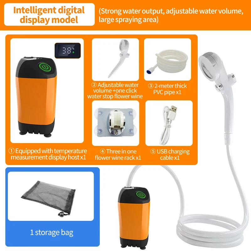 Portable Rechargeable Electric Camping Shower Pump with Temperature Display