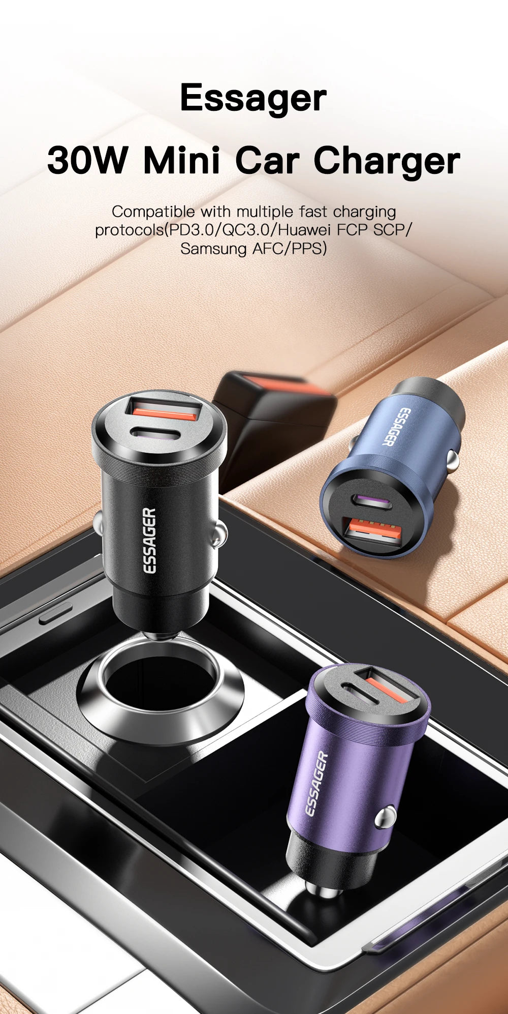 30W / 45W USB-C + USB-A Fast Car Charger (PD + QC 4.0)