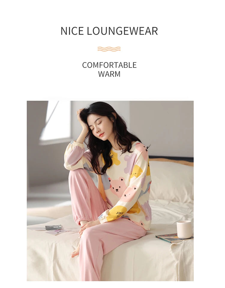 Women’s Cute Lazy Style Cotton Pajama Set – Soft, Loose Long Sleeves & Pants