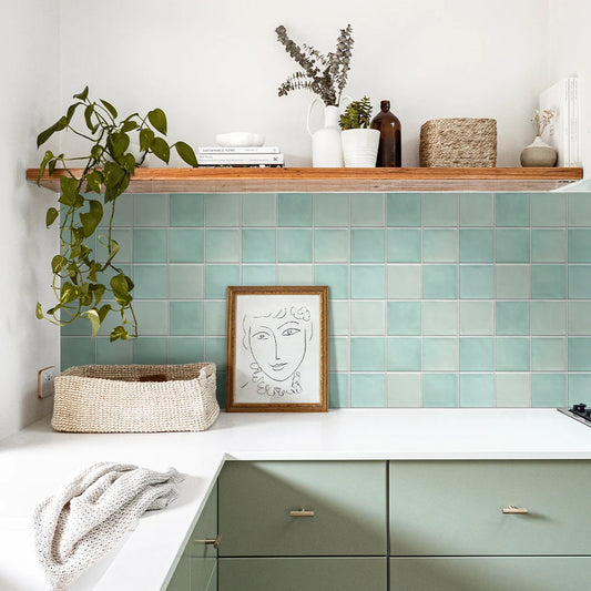 10pcs 3D Tile Stickers, Self-adhesive Green Tile Backsplash for Kitchen Bathroom, Waterproof, Matt, 30 x 30cm, Interior Wall Decor