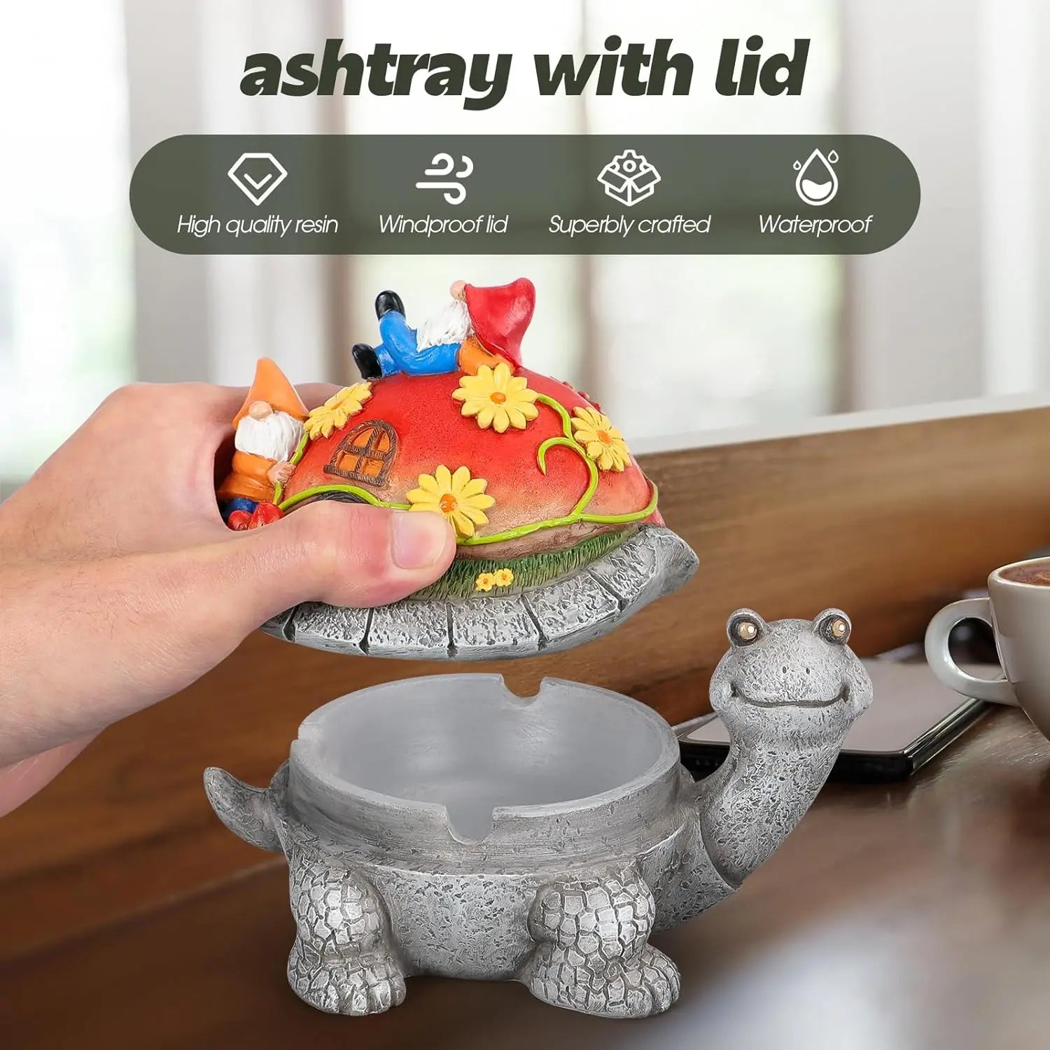Resin Ashtray with Lid, Waterproof Ash Tray, Turtle Decor, Ashtray for Home Office, Outdoor and Indoor