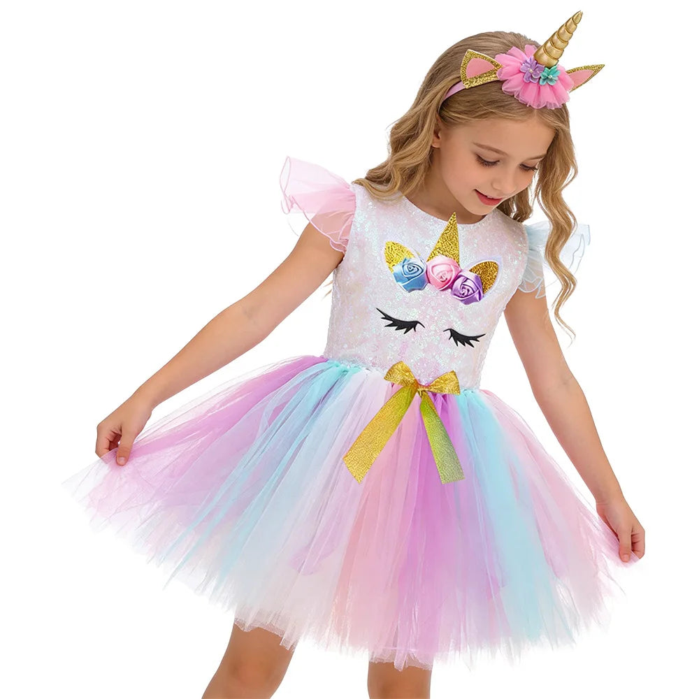 Unicorn Princess Tutu Dress with Flutter Sleeves and Sequin Tulle
