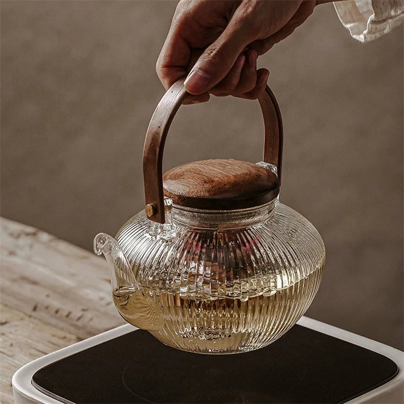 800ml Vertical Stripes Glass Teapot with Wooden Beam Handle and Tea Infuser