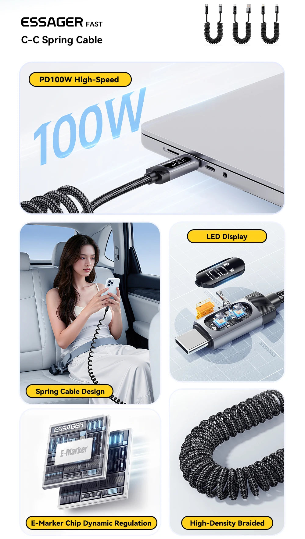 100W Car Spring USB-C to USB-C Fast Charging Cable (Retractable)