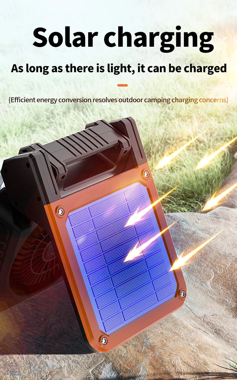 Outdoor Solar Rechargeable Camping Fan Light Foldable Tent Lantern with LED Light USB Portable