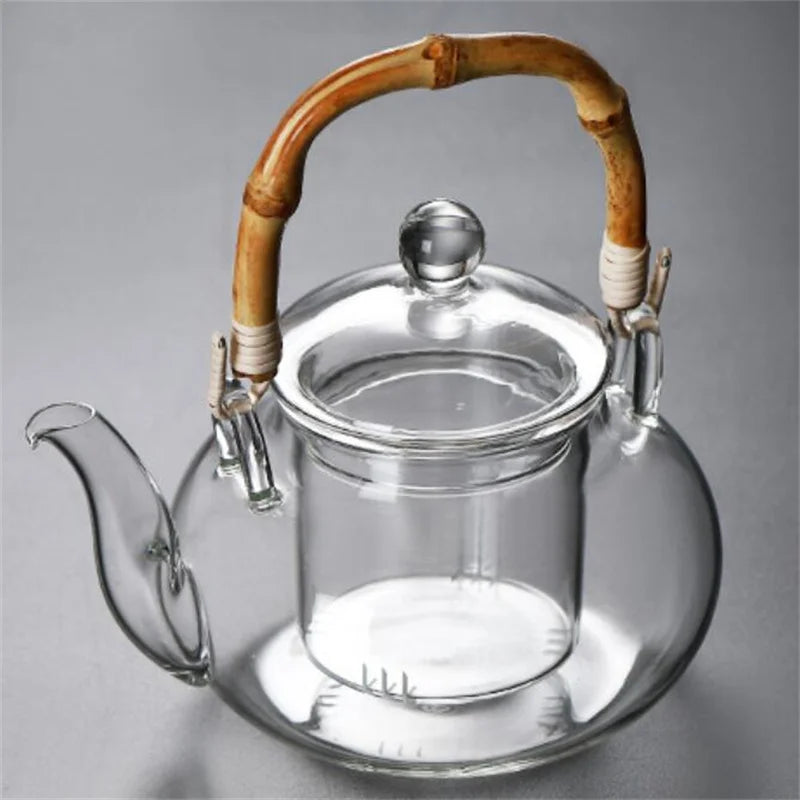 600ML Borosilicate Glass Teapot With Bamboo Handle Household Convenient Heated Tea Kettle with Filter Kung Fu Flower Tea Pot