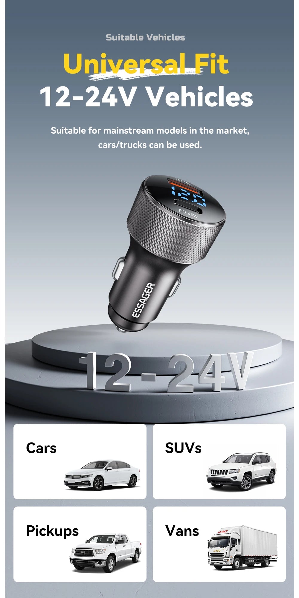 45W USB C Car Charger PD3.0 QC3.0 Fast Charging 2 Port Adapter with Digital Display