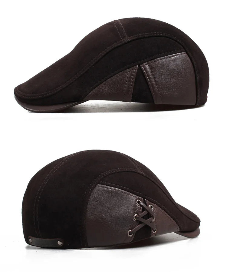 European Style Genuine Leather Caps Beret Man Casual Sheepskin Suede Fitted Duckbill Hats Male