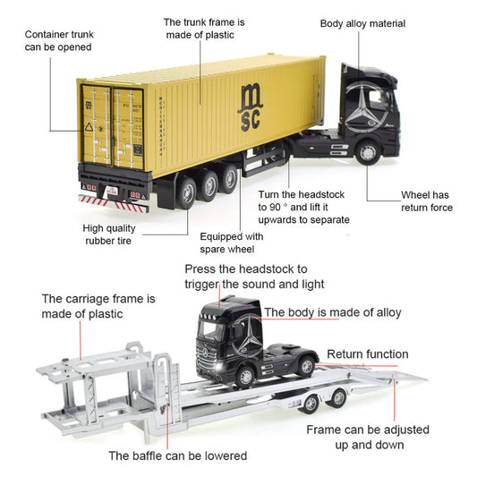 1:50 Diecast Alloy Truck Head Model Toy Container Truck Pull Back With Light Engineering Transport Vehicle Boy