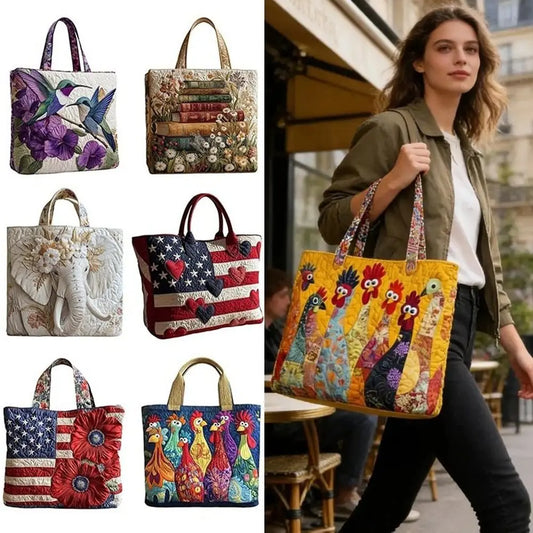 Vintage Quilted Canvas Tote Bag Large Capacity 3D Printed Travel Handbag