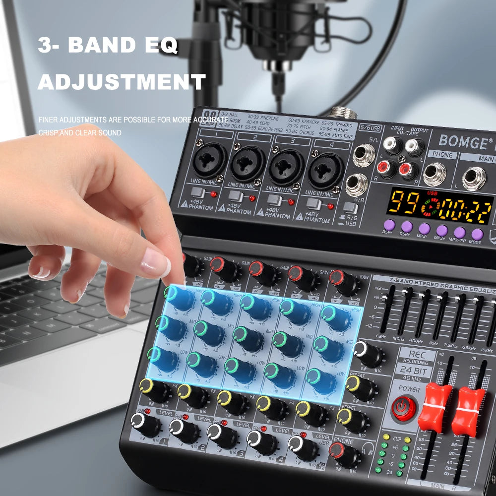 6 Channel Audio Mixing Console with 99 Effects 7 Band EQ USB Recording and Bluetooth