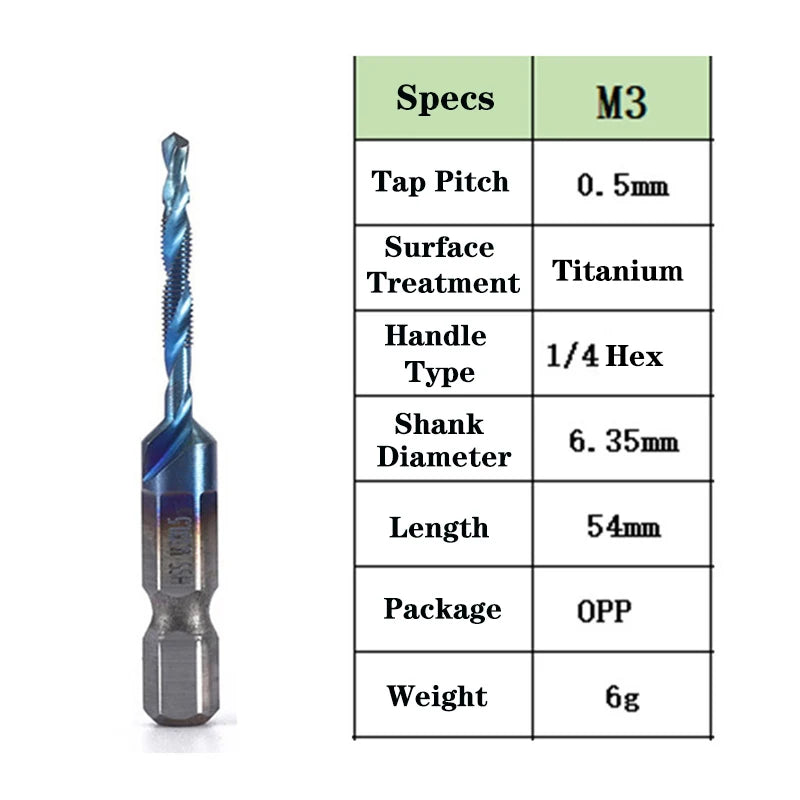 1pcs Hex Shank Titanium Plated HSS Screw Thread Metric Tap Drill Bits Screw Machine Compound Tap M3 M4 M5 M6 M8 M10 Hand Tools