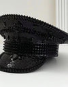 Black Sequin Festival Captain Hat Punk Rhinestone Masquerade Military Cap Handmade Sergeant Hat Bride Music Festival Cosplay