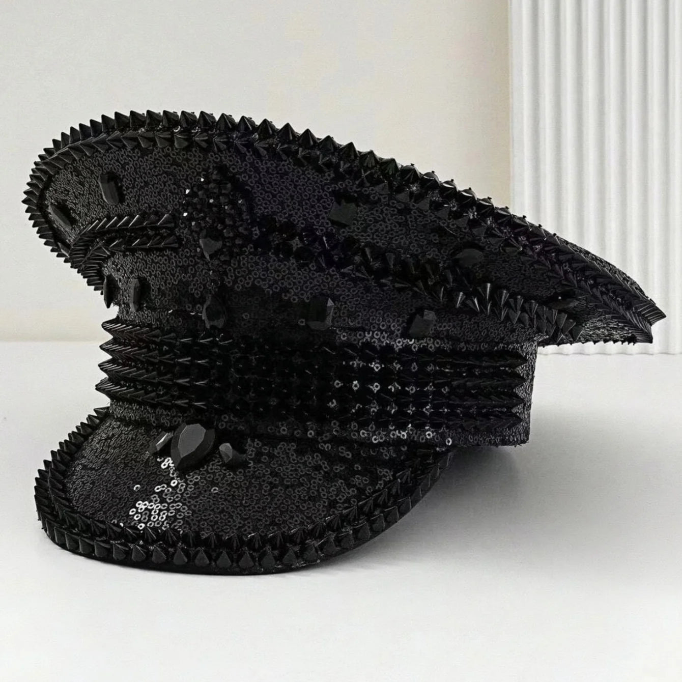 Black Sequin Festival Captain Hat Punk Rhinestone Masquerade Military Cap Handmade Sergeant Hat Bride Music Festival Cosplay