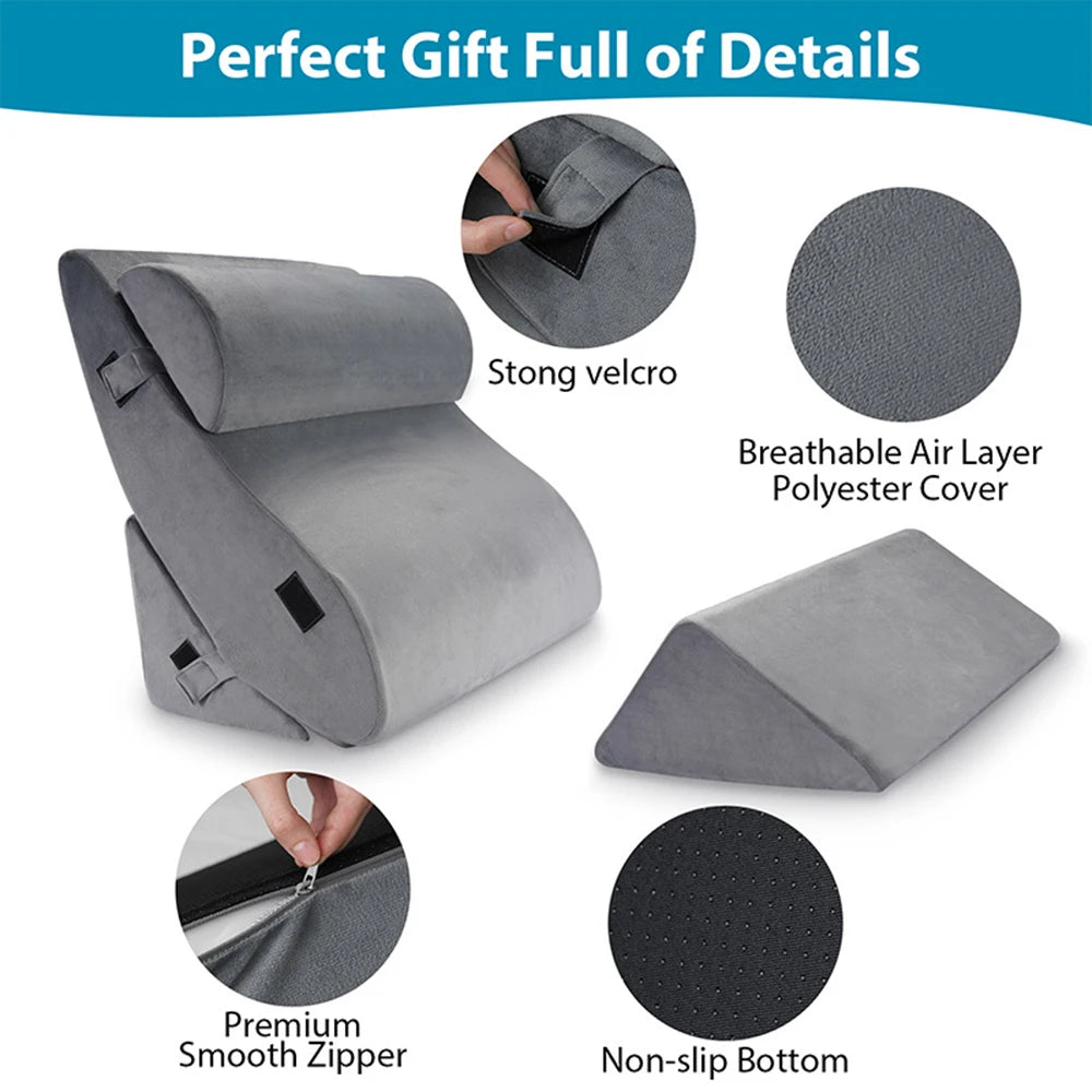 4 Piece Orthopedic Bed Wedge Pillow Set with Adjustable Wedge Sleep Pillow for Back, Neck and Leg Pain Relief Comfort