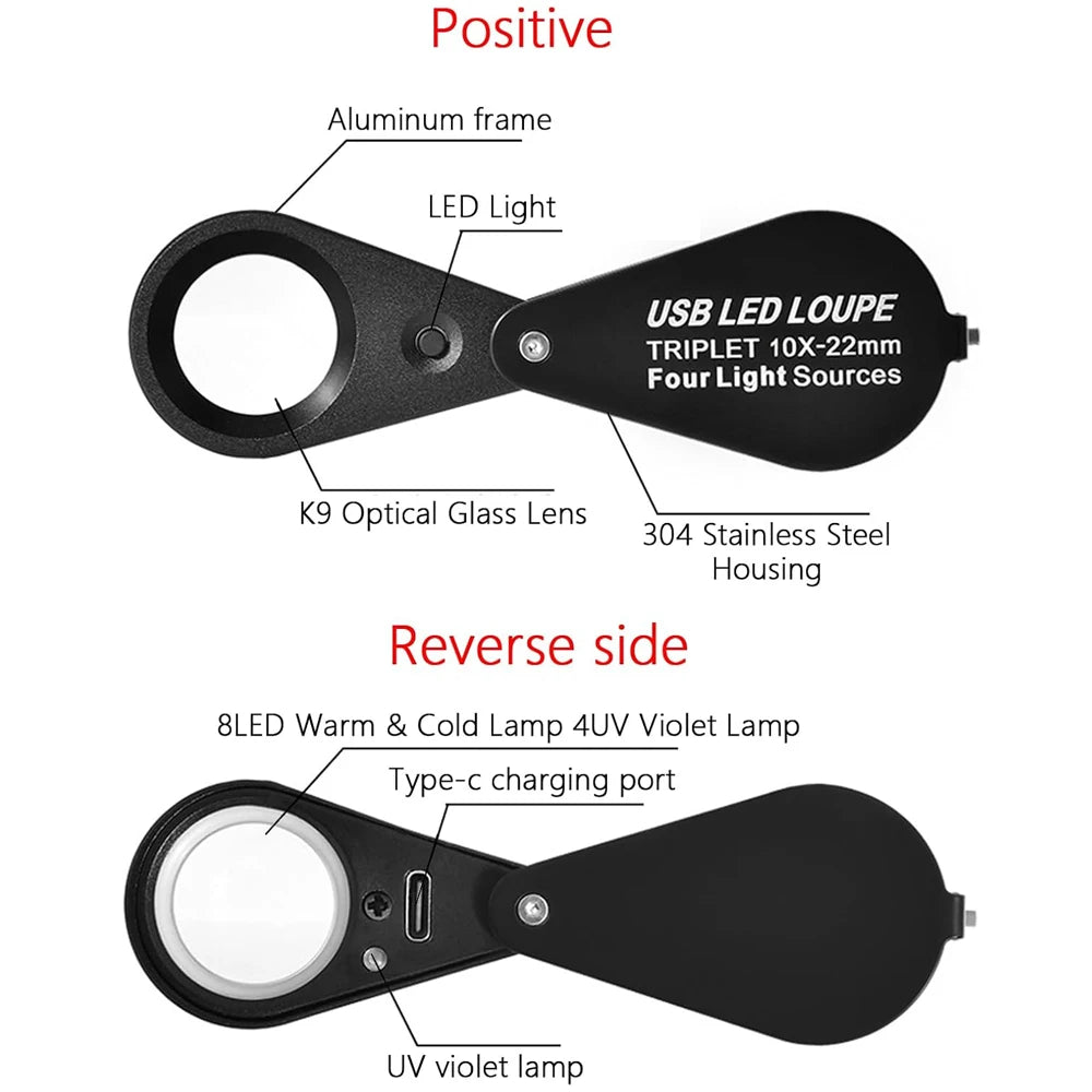 30X Rechargeable LED UV Jewelry Loupe 4 Light Modes Pocket Magnifier