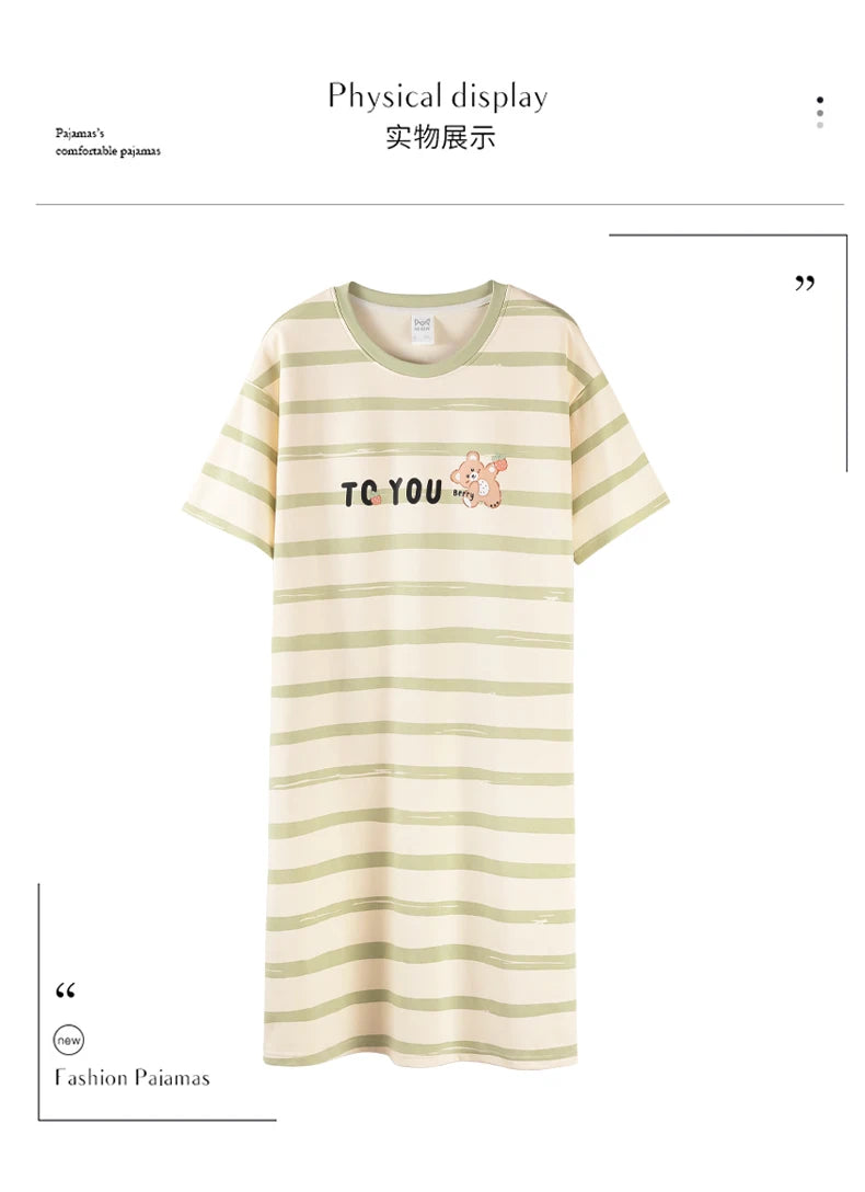 Women’s Cotton Nightgown – Korean Style Cute Print, Summer Short Sleeve Sleepwear Dress