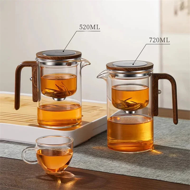 One Click  Switch Tea Separation Filtration Glass Tea Pot Wood Handle Tea Water Separation Inner Container Teapot