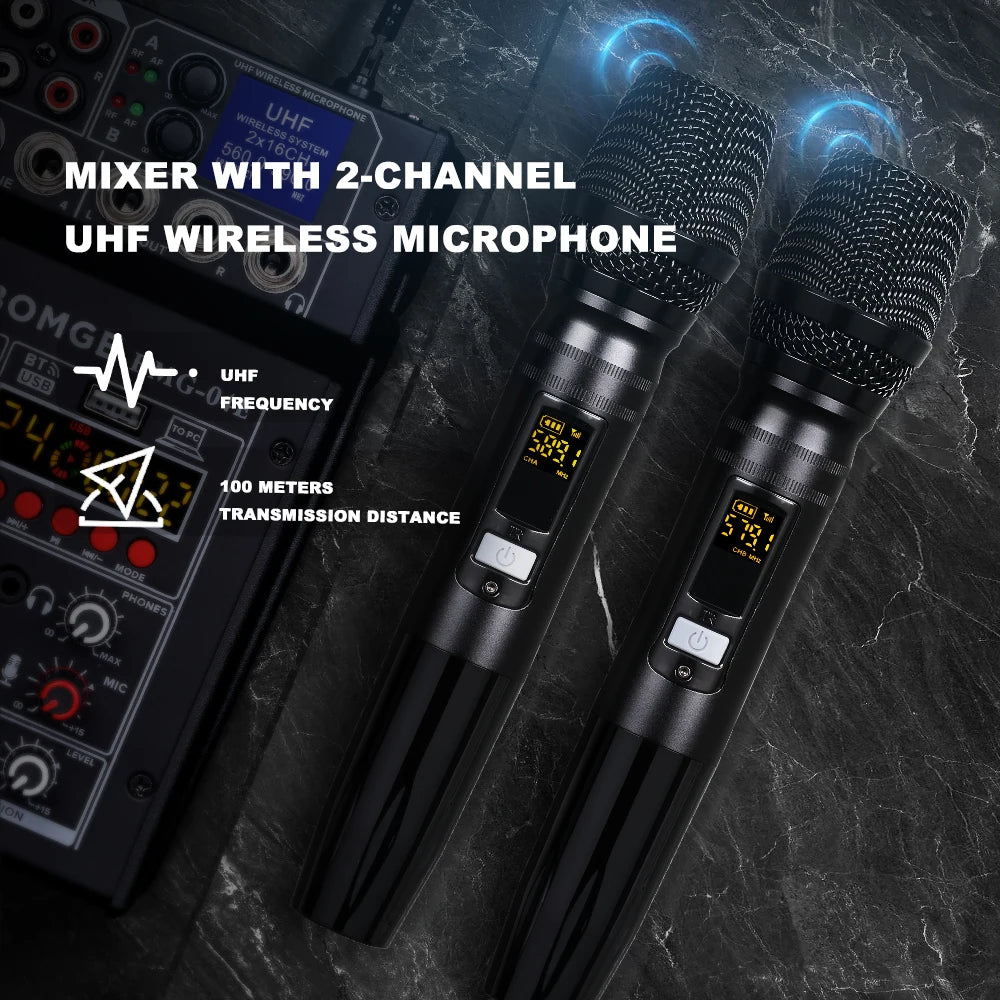 4 Channel Karaoke Audio Mixer with Dual UHF Wireless Microphones and Bluetooth