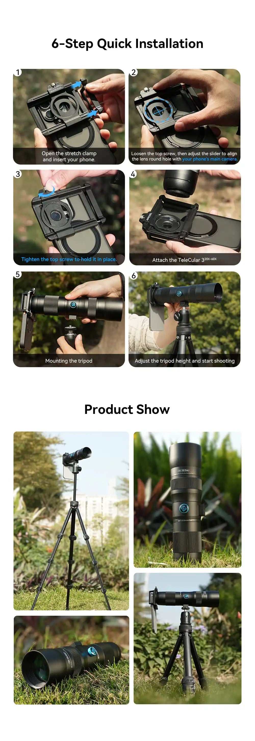 20X to 60X Mobile Phone Telephoto Zoom Lens with Metal Tripod