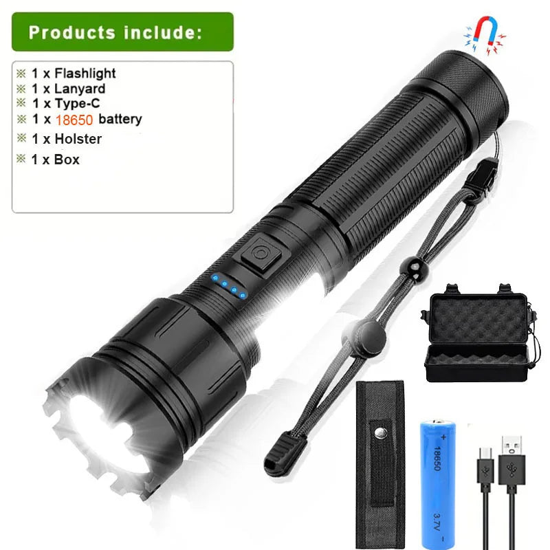Rechargeable LED Flashlight With Magnetic Base Zoom And Power Display