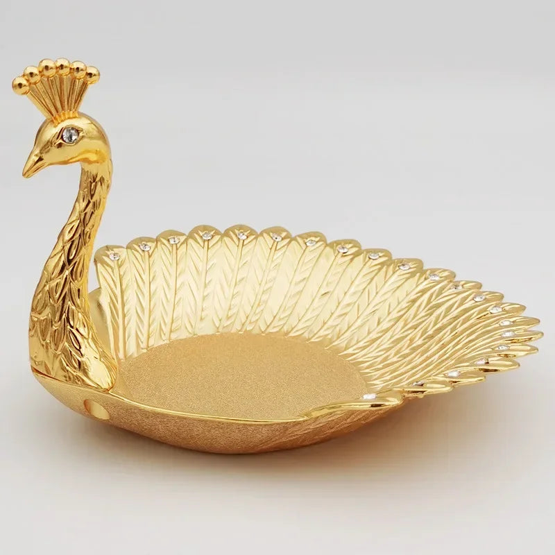 Pretty Gold Peacock Fruit Plate Luxury Zinc Alloy Tray Delicate Storage Plate for Candy Trinket Jewelry Snack Serving Home Decor