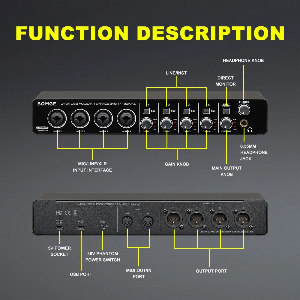 U404 4 Channel Audio Interface with 24 Bit 192kHz Recording and 48V Phantom Power