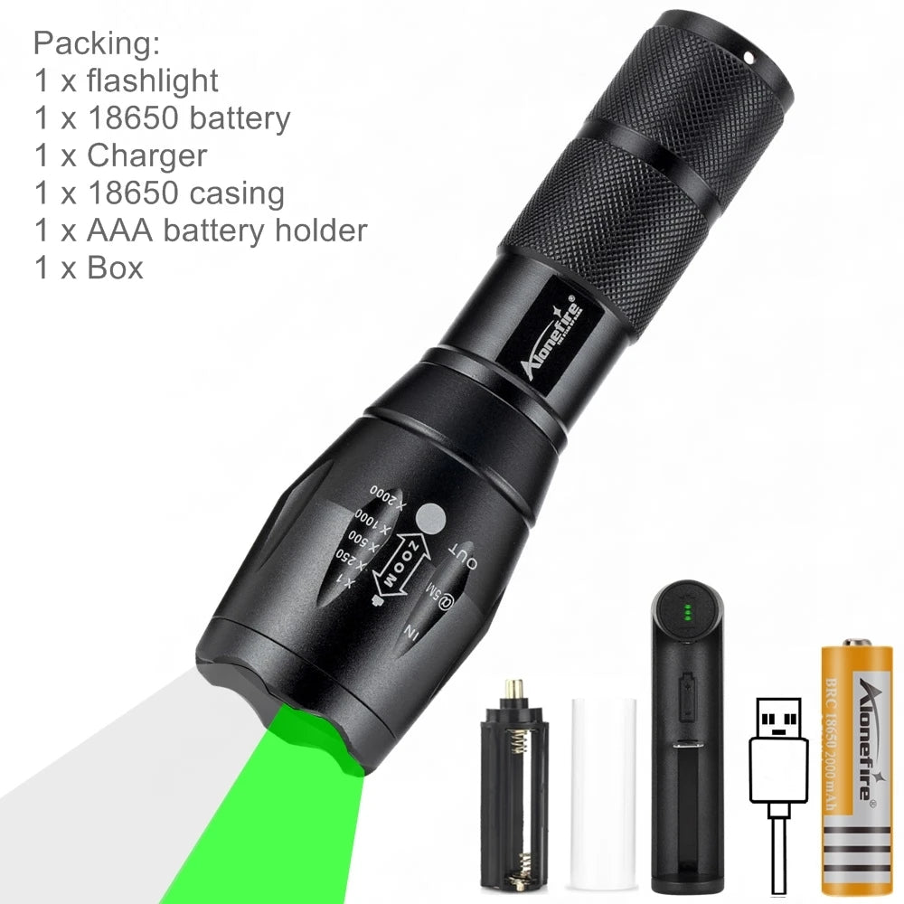 2 In 1 White Green Light Zoom Rechargeable Flashlight