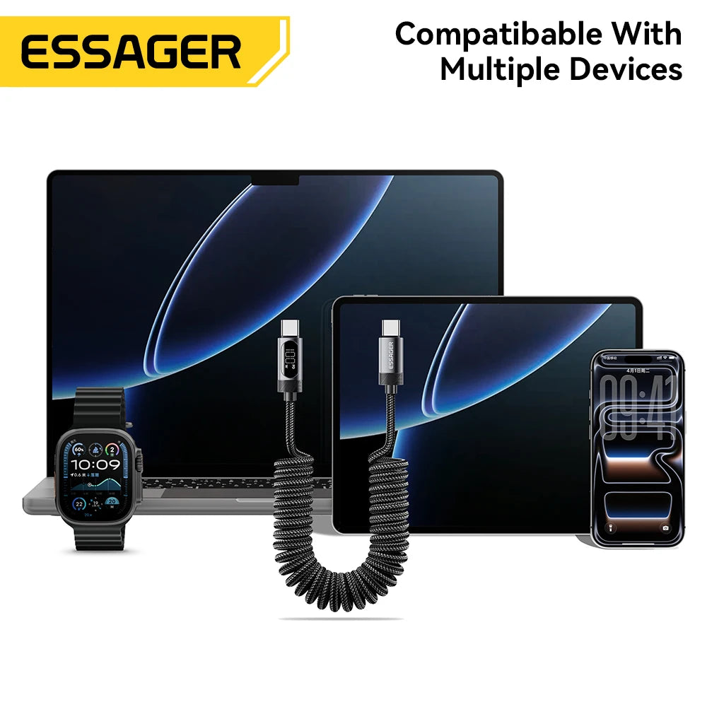100W Retractable Spring USB-C to USB-C Fast Charging Cable