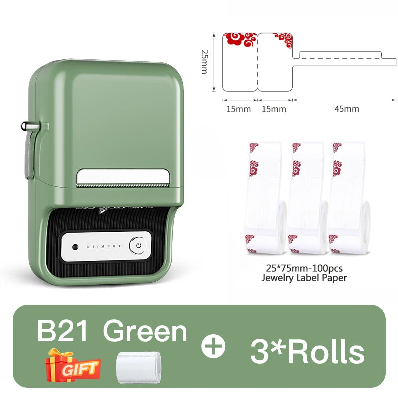 B1/B21 Jewelry Label Printer, Bluetooth Wireless Thermal Sticker Maker 20–50mm, Inkless Price Tag Label Machine for Necklace Ring Bracelet