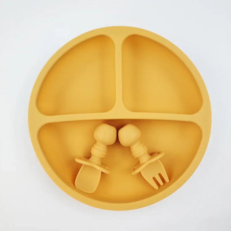 BPA Free Silicone Baby Plate with Spoon Fork Bibs Children Dishes Safe Baby Dining Plate with Suction Smile Face Plates for Kids