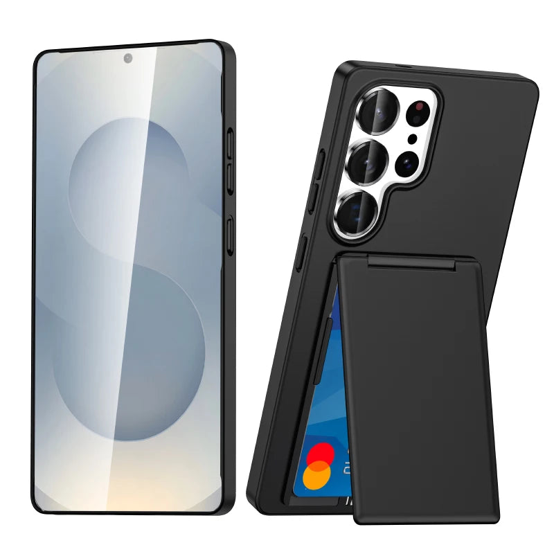 Luxury Solid Color Matte Wallet Card Slot Bracket Phone Case For Samsung S25 Ultra Edge S23 S24 Ultra Plus Bumper Back Cover