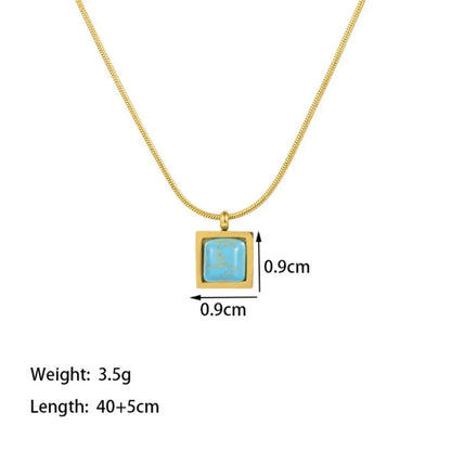 Retro Square Titanium Steel Turquoise Pendant Necklace For Women Girl Ethnic Style Personality Necklace 45 cm