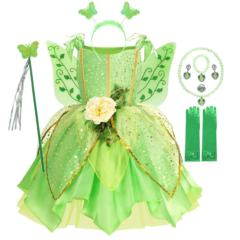 Girls Tinker Bell Costume Halloween Costume Green Fancy Dress Fairy Princess Cosplay Carnival Party Costume