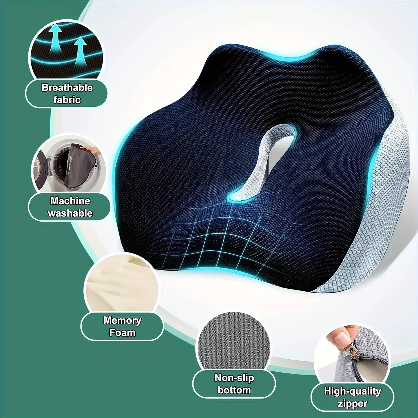 Ergonomic Seat Cushion with Hand Washable Cover Waist & Hip Support Comfort Orthopedic Cushion for Office Car Home