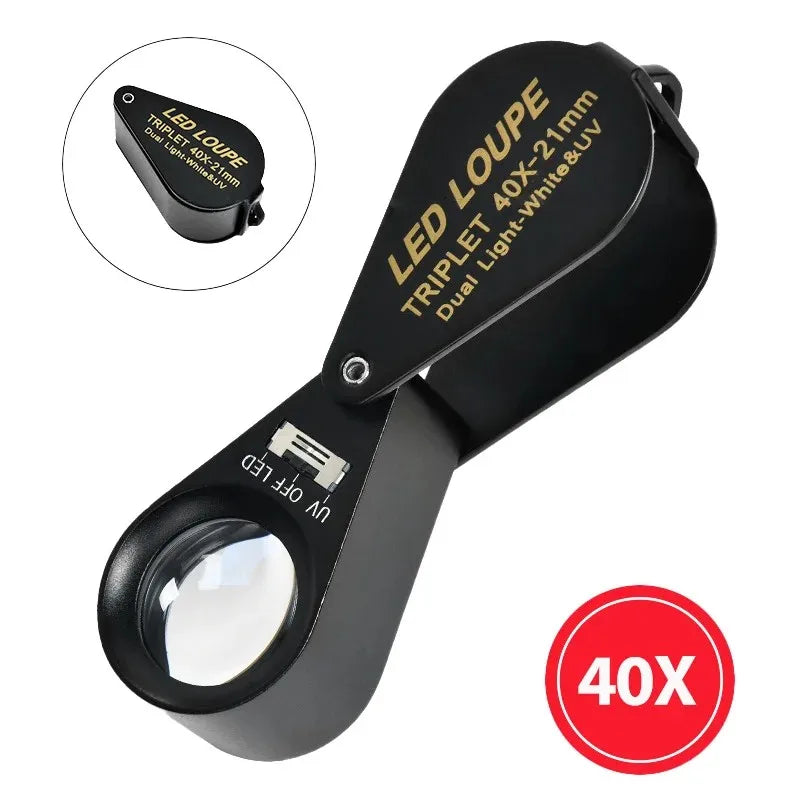10X–40X LED UV Jewelry Loupe Magnifier Foldable Metal
