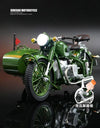1/10 Alloy Retro Tricycle Side-car Motorcycle Model Diecast Metal Classic Military Motorcycle Model Sound and Light Toy Gift