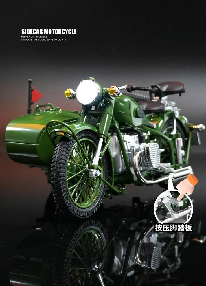 1/10 Alloy Retro Tricycle Side-car Motorcycle Model Diecast Metal Classic Military Motorcycle Model Sound and Light Toy Gift