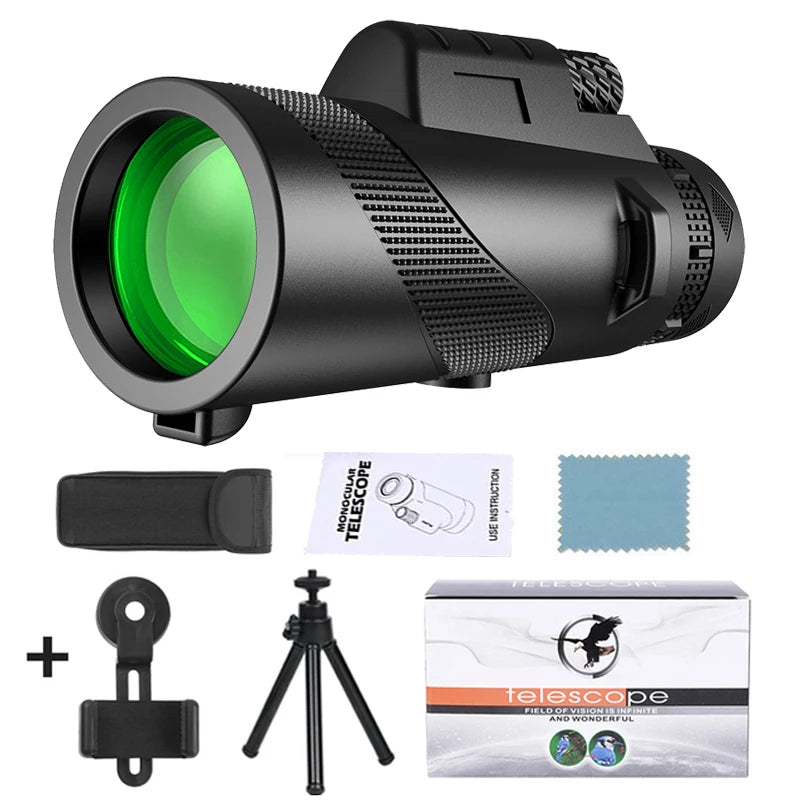 80X100 Hd Monocular Telescope Long Range Zoom Bak4 Prism Telescope with Tripod Phone Clip Hunting Camping Bird Watching Hiking