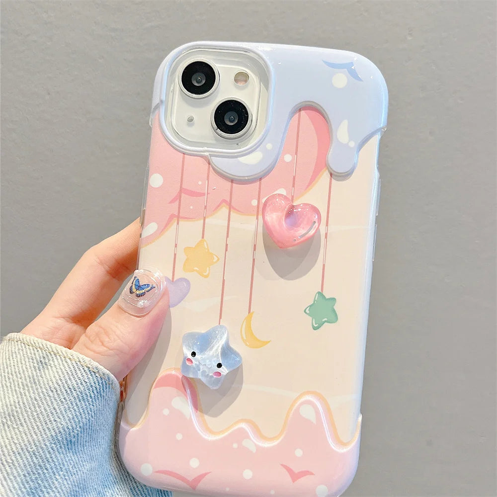 Cartoon 3D Heart Star Ice Cream Bead Strap Phone Case For iPhone 15 13 14 Pro Max Plus INS Lovely Soft Silicone Back Cover