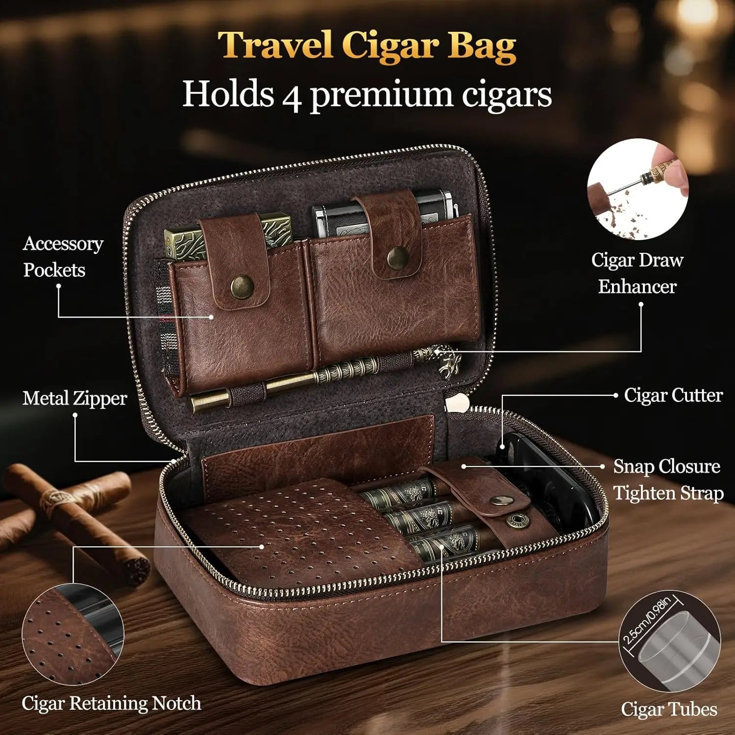 Cigar Humidor, Leather Travel Cigar Case, Include 4 Cigar Tubes & Humidifier, Cigar Draw Enhancer and Multifunction Cigar Cutter