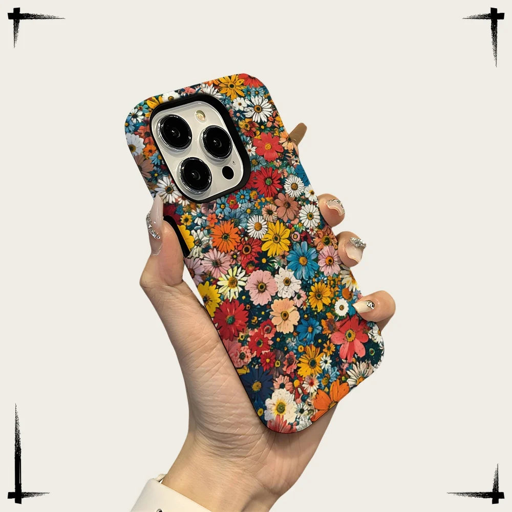 Art Drawing Flower Printed Daisy Phone Case for iPhone 16 15 13 14 Pro Max 16 15 Plus 2 in 1 Hard Protection Cover