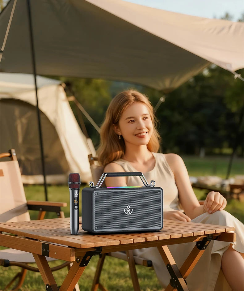 Bold Mini Portable Outdoor 80W High-Power Karaoke Speaker with 1 Microphone and Heavy Bass for Parties and Camping