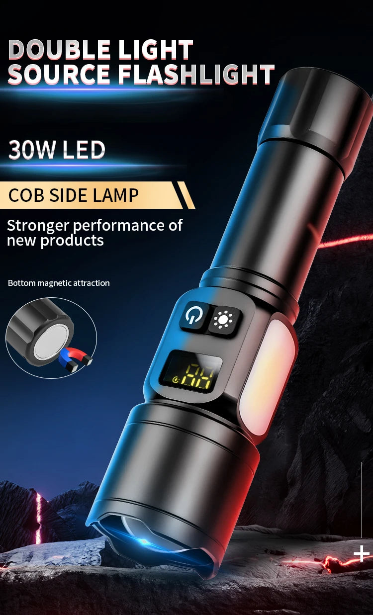 White Laser High Power Rechargeable LED Flashlight with Digital Display Magnet COB Side Light Zoom Torch