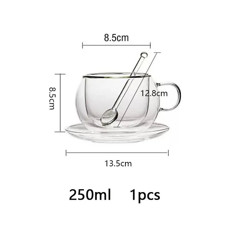 180/250ml Double Wall Glass With Dish And Spoon Clear Glass Espresso Cups Set Heat Resistant Handle Coffee Mug Drinkware