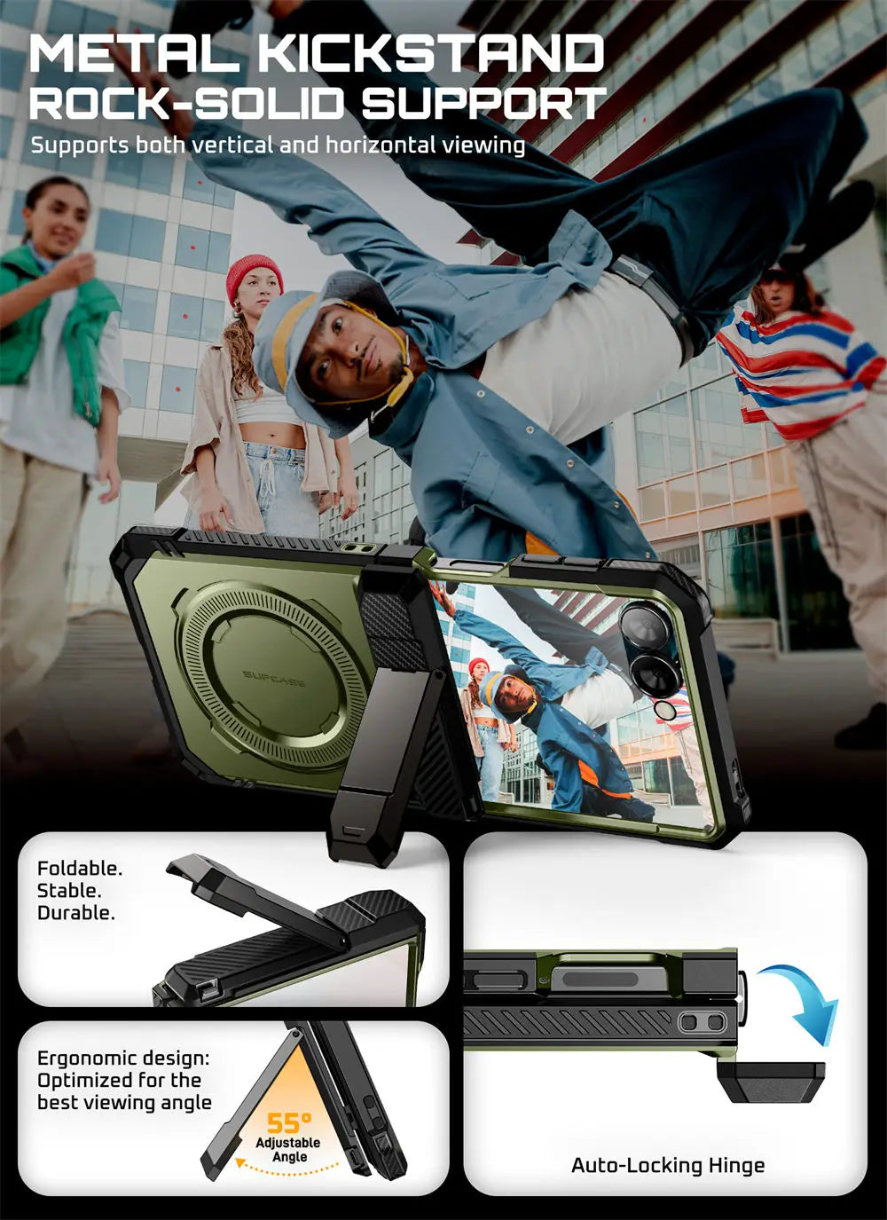 For Samsung Galaxy Z Flip 7 Case UB Grip Military-Grade Rugged Back Phone Case with Stand & Front Screen Protector