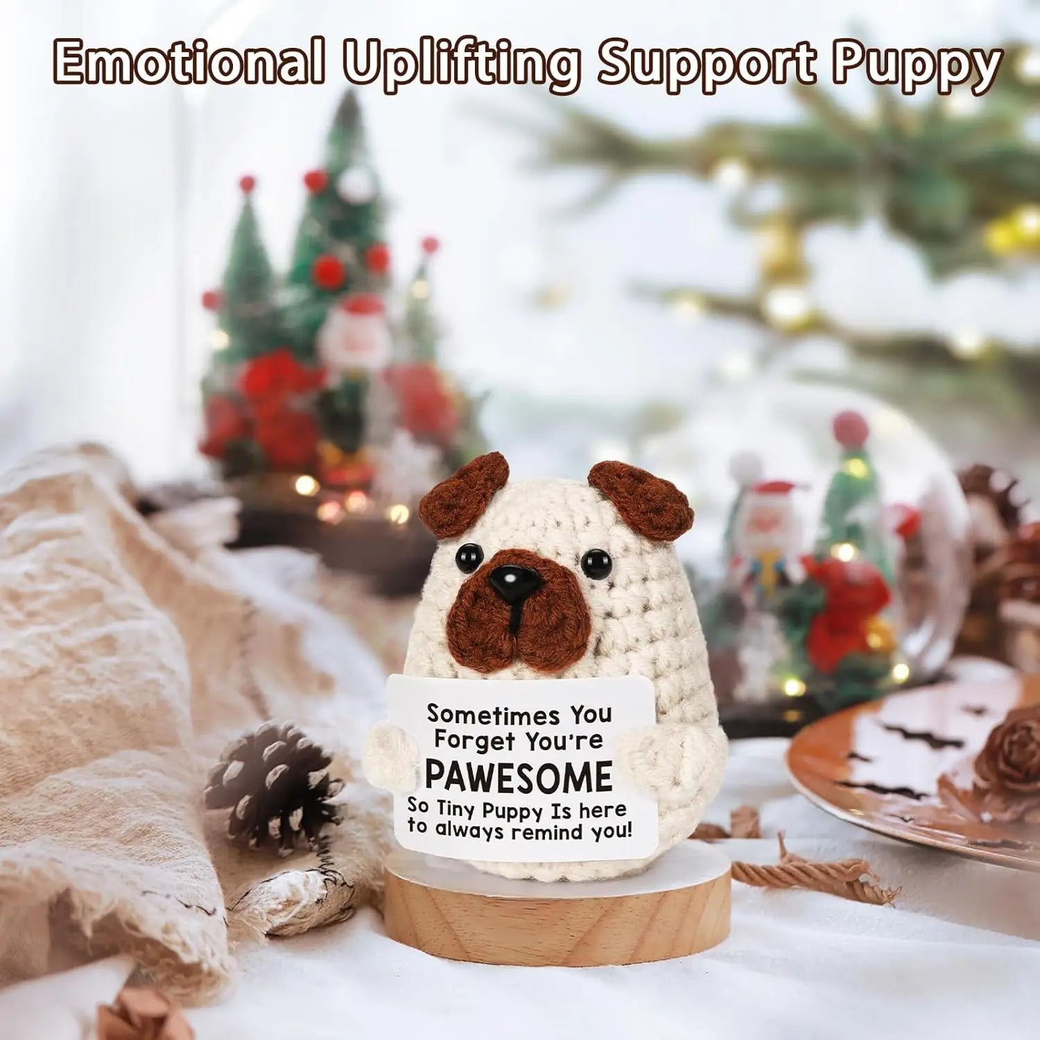 3 Pcs Funny Crochet Positive Energy Puppy With Card Desktop Ornament Handmade Knitted Emotional Support Dog doll Home Room Decoration