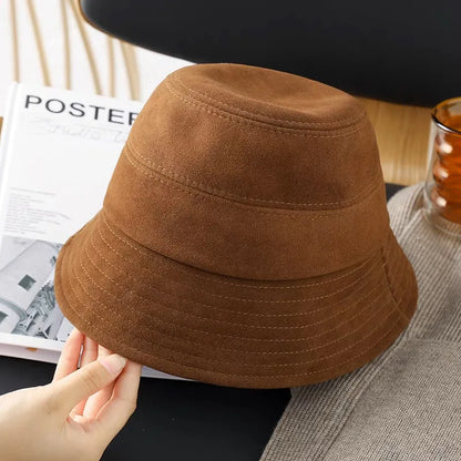 Designer Retro Genuine Leather Suede Sheepskin Women Bucket Hat Lady Fisherman Cap Gorro Women Cover Face Street Flat Hats High